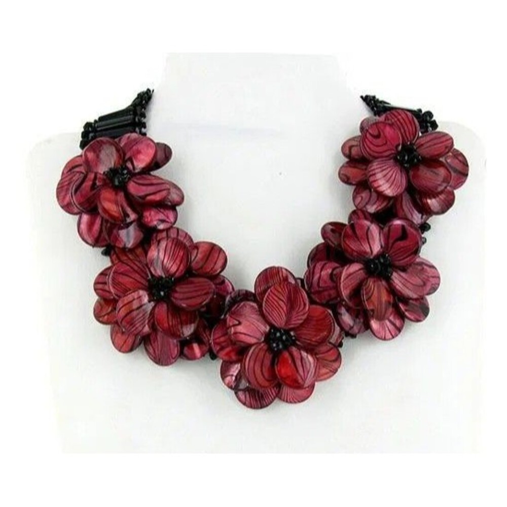 Mother of Pearl & Crystal Necklace 1500 ct Colored  Burgundy - New